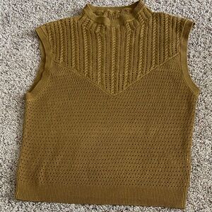 Free People Olive Brown Cable Knit Sweater Vest Sleeveless Mock Neck XS S 16x21